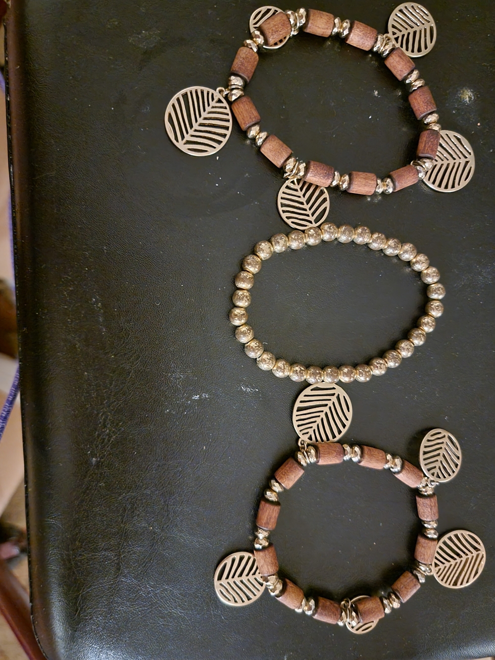 Lane Bryant Wood Bead and Leaf Charm Stretch Bracelet Set - Brown & Gold